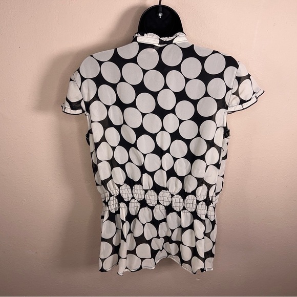 LARGE Y2K ERA BLACK WHITE POLKA DOT RETRO BLOUSE PINUP RUFFLE SHORT SLEEVE - Picture 6 of 10